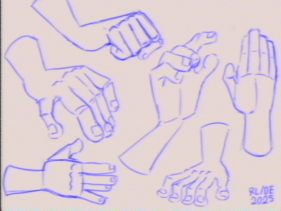 A bunch of cartoony hands sketched out in blue color. VHS filter has been applied on top of the image.