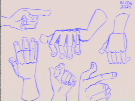 A bunch of cartoony hands sketched out in blue color. VHS filter has been applied on top of the image.