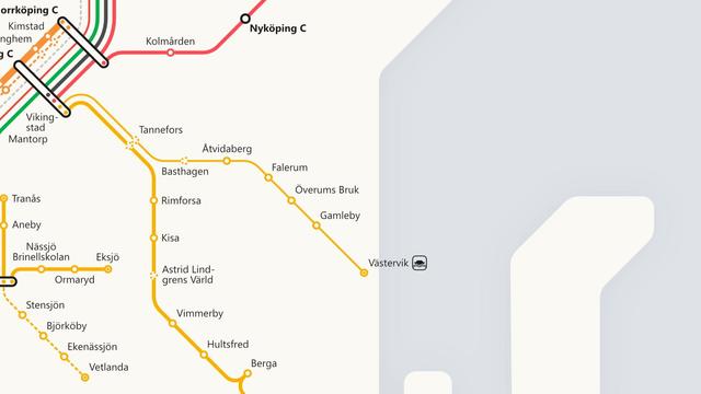 part of the train diagram showing the region southeast of Linköping, yellow is the dominating line colour