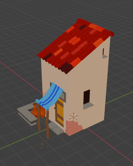 Captura de pantalla de Blender on es veu una caseta molt humil. Parets de color beige, esquerdades, un sostre amb teules de colors vermells, atrotinades.