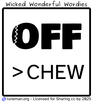 Wicked Wonderful Wordies 
a visual idiom puzzle
------------------------------
description
in the frame the word "off" with a chunk of the O oddly broken away then the ">" character, followed by the word "chew".
------------------------------
Explanation:
Typically, some kind of text is arranged inside, or somewhere around a square frame. The arrangement can be significant, and might be the key to recognizing the idiom. 

The puzzle can be difficult to solve because the idiom or common phrase may not be common to the person trying to solve the puzzle.

Sometimes there is an "AhHa!" moment, though.

Answers and an archive of the puzzles is available at http://runeman.org/wordies.