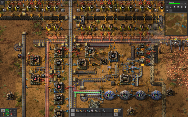 Screenshot of a 2.5D game screen that looks relatively complex. A whole bunch of smelters at the top smelting copper and iron into plates which are moved around with conveyor belts to various manufacturing plants, resulting in science packs being moved to laboratories for researching new technologies. Somewhere amongst the spaghetti of wires, conveyors and machines stands the player, overseeing their creation. A mini map is in the top right and a display indicating some combot robots are being research to fight off the native wildlife whose planet the player has crashlanded on. There's a patch of copper ore on the far right and a tool belt at the bottom.
