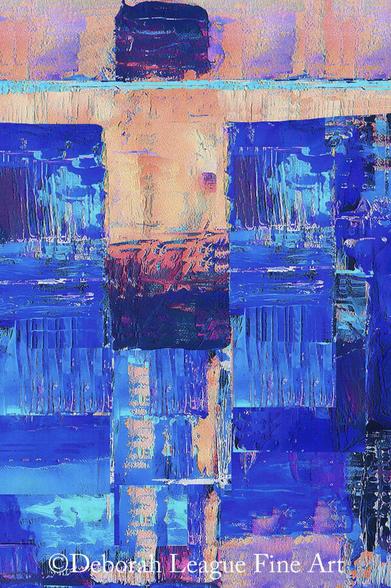 A striking abstract that captures the mesmerizing interplay of rich azure blues and warm coral hues to evoke the shimmering beauty of water and reflection. Within the textured layers and bold geometric forms, a subtle figure of a boy emerges, adding a poignant human element to the serene, abstract setting. This contemporary artwork invites viewers to explore themes of memory, solitude, and tranquility through color and form. Ideal for modern interiors, art collectors, and lovers of abstract expressionism, this piece offers a thoughtful, layered narrative within its striking composition.