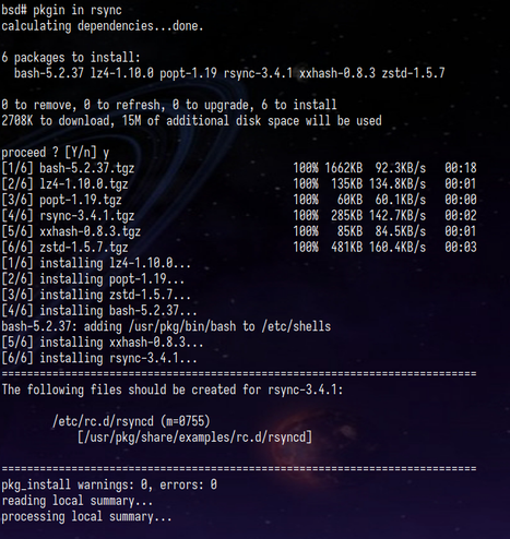 pkgin in rsync
calculating dependencies...done.

6 packages to install:
  bash-5.2.37 lz4-1.10.0 popt-1.19 rsync-3.4.1 xxhash-0.8.3 zstd-1.5.7