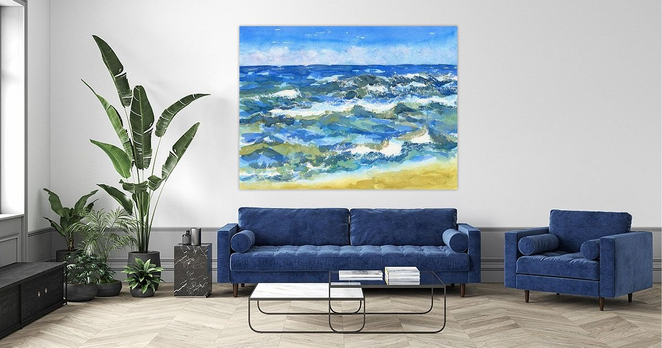 Blue ocean waves is a hand-painted watercolour painting in landscape format by the artist Karen Kaspar.
Ocean waves in shades of blue, teal and ocre crash onto a sandy shore under a clear blue sky. The water appears vibrant with various shades of blue, green, and white.