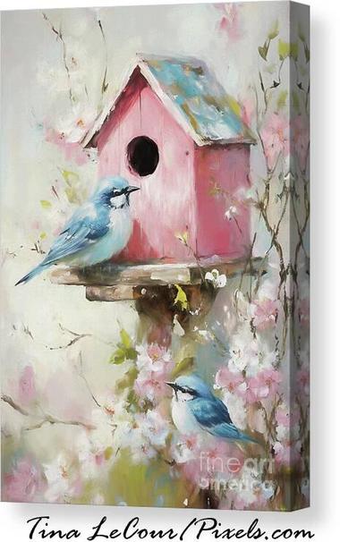This is canvas of some a pair of pretty bluebirds perched on a pink birdhouse in some pink spring blossom flowers.