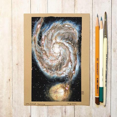 A colour drawing of the Whirlpool Galaxy. The Whirlpool Galaxy, M51, is a spiral galaxy located 31 million light-years away. It is in the constellation Canes Venatici and is observable through a small telescope.
An original art work
Colour pencil and mixed media on acid free toned artist paper
5 by 7 inches (12.7 by 17.8 cm). This is a standard photo size in the UK and USA and should be easy to DIY frame.
Sold unframed