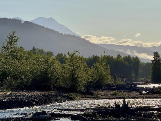 A tranquil landscape featuring a river with reflected sunlight, surrounded by a lush green forest. In the background, a snow-capped mountain is visible with additional mountain evergreen foothills in front of it. The scene conveys a serene and natural environment.