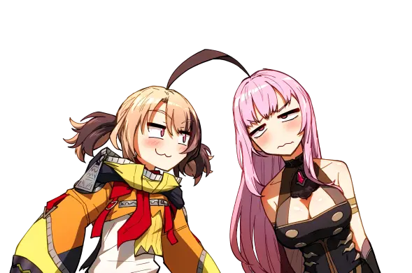 Gigi Murin's looking smugly at Mori Calliope while Gigi's ahoge toughes Calli's head. Calli looks frustrated.