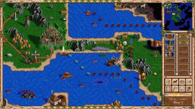 🕶️ A view of the command interface on the right and for the rest, a bird's eye view of the game map with a castle surrounded by water and a tongue of land leading to it but obstructed by a mountain. We can also see ships whose past or future trajectories are marked by arrows (brown or green), a horseman who seems to be leaving a windmill and heading for a gold mine, and some monsters.

📚️ Heroes of Might and Magic II (Heroes of Might and Magic II: The Succession Wars) is the 2nd opus (released in 1996, by New World Computing) of a series of medieval fantasy turn-based strategy games of the 4X type. Upon the death of the King of Ironfist, his two sons Roland and Archibald fight for the crown. The latter manages to exile Roland and is declared king, while Roland organizes the resistance. Each side is the subject of a game campaign. fheroes2 is a single-player / multi-player engine, libre and multi-platform, compatible and improved (modern hardware support).