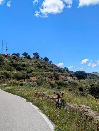 Mediterranean mountain road with an old small wall acting aa a guardrail that is almost hidden by the vegetation. My bicycle is standing against it, seen from behind.