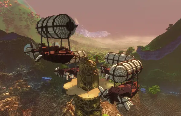 🕶️ A screenshot taken from the site (These weeks in Veloren 245), entitled “The age of Airship travel has arrived!” showing several airships docking at a dock to enable travelers to make connections between regions.

📚️ Veloren is a libre & multi-platform multiplayer action / RPG game with voxel graphics and third-person view, inspired by games such as Cube World and Dwarf Fortress. There is no scenario, it is a living world (and procedurally generated) of fantasy and magic to explore, where the player acquires combat skills and traverses dungeons, builds and fly airships, explore the world or even settle down as a master of any trade.