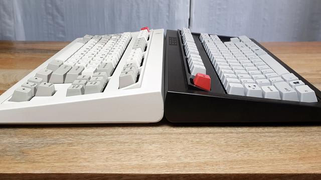 A photo of the sides of an IBM PS/2 Space Saving Keyboard (left) and a Unicomp Mini Model M (right)