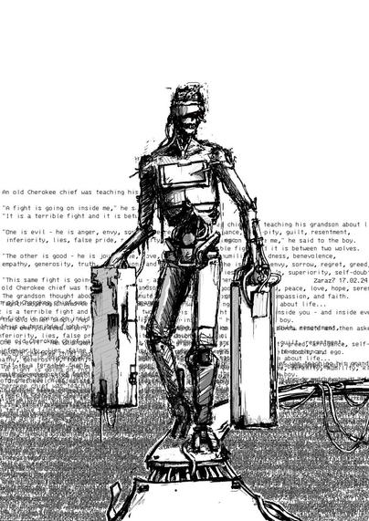A mixture of a human body and a machine, balancing on a narrow metal bridge, carries heavy devices of unknown purpose that are connected by wires to the courier. The parable in the background creates a gradient of letters