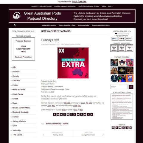 Sunday Extra
Screenshot of the podcast listing on the Great Australian Pods website
