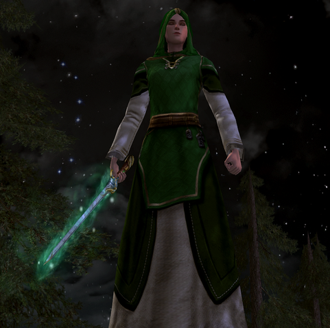 My LOTRO Guardian in a green robe and hood, and holding out a sword at her side, that glows with a misty-green aura.