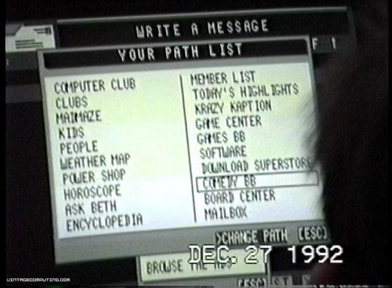 A vintage computer screen displaying a menu titled "YOUR PATH LIST" with various options like "Computer Club," "Kids," "Weather Map," and "Comedy BB." The date on the screen is December 27, 1992.

 (online service), pictures by Benj Edwards.

https://www.vintagecomputing.com/index.php/archives/932