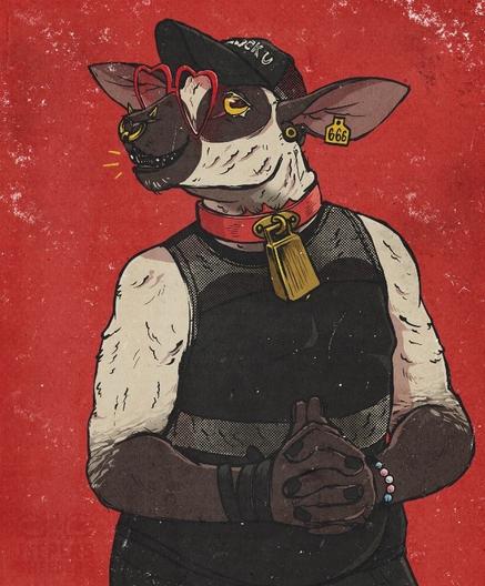 A chubby, pierced up sheep with heart glasses stands with their fingers laced over their midsection. Theyre wearing casual clothes, a partially mesh sleeveless shirt, matching shorts, a black trucker cap, and some bracelets. The sheep grins, showing off sharp canine esque black teeth.
