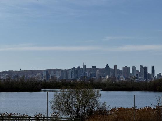Downtown Montréal seen from Brossard. We can see the Mount Royal behind the city’s skyscrapers. In the foreground, there is the Saint Lawrence River. The sky is blue.
- - -
Centre-ville de Montréal vu de Brossard. Nous pouvons voir le mont Royal derrière les gratte-ciel de la ville. Au premier plan se trouve le fleuve Saint-Laurent. Le ciel est bleu.