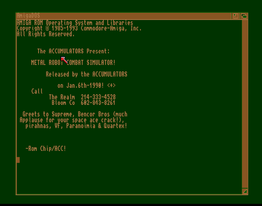 Screenshot of "Metal - A Robot Combat Simulation" - Crack: The Accumulators (ACC) - Published by ECP on Commodore Amiga (1989)
