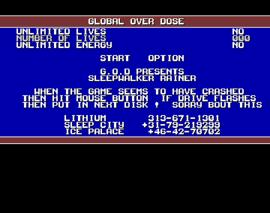 Screenshot of "Sleepwalker" - Trainer: Global OverDose (GOD) - Published by Ocean on Commodore Amiga (1993)
