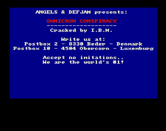 Screenshot of "Omicron Conspiracy" - Crack: Angels & Defjam - Published by Image Works on Commodore Amiga (1990)