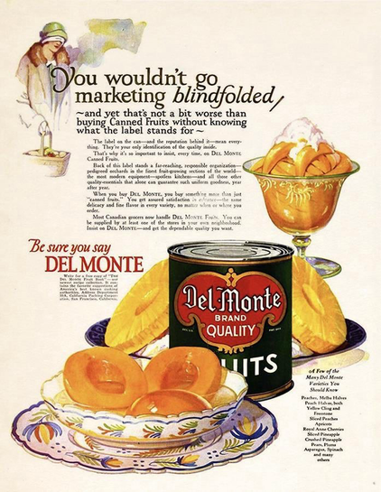 A beautifully illustrated advertisement for canned fruit. You see a roaring 20s young woman going to the market with a basket. You’ll see an ornate glass cup with sliced peaches and cottage cream. He also see a can and slices of pineapple.