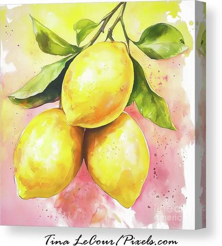 This is a watercolor style canvas of a cluster of three yellow lemons with green leaves against a pink and white background.