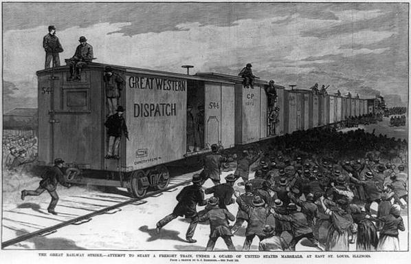 U.S. Marshalls attempt. to start a train during the 1886 train strike in East St. Louis, Illinois. By Nebinger, G. J., illustrator - This image is available from the United States Library of Congress&#039;s Prints and Photographs divisionunder the digital ID cph.3b45190.This tag does not indicate the copyright status of the attached work. A normal copyright tag is still required. See Commons:Licensing., Public Domain, https://commons.wikimedia.org/w/index.php?curid=21269527