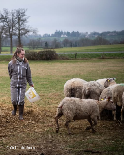 Sur la photo on aperçoit à gauche une jeune femme qui sourit en tenue de travail (une côte grise) avec un seau à la main. À sa droite un troupeau de mouton. Ils sont dans un champ. La photo a été prise par Christophe Goussard.