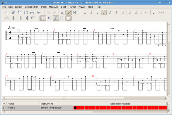 🕶️ A view of its UI, with menus at the top and tablature on the rest of the screen.

📚️ TuxGuitar is a libre, multi-platform tool for editing and playing (via the FluidSynth software synthesizer) multi-track scores and tablatures (typically guitar). It supports import in PTB (PowerTab), GTP, GP3, GP4, GP5 and GPX (GuitarPro), MIDI and TEF (TablEdit) formats, and export in AU (Audio), WAV, AIF, LY (Lilypond, via a plugin), XML (MusicXML) and MIDI formats. It also supports automatic movement of the view while listening, the addition of effects (bend, slide, vibrato, hammer-on/pull-off), and skins.