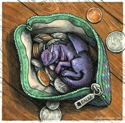 Ink and watercolor illustration of a tiny purple dragon sleeping on a pile of coins inside of a coin purse.