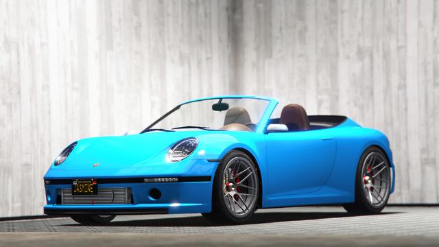 A screenshot I took in the video game GTA Online using the Rockstar Editor. It shows the Pfister Comet S2 Cabrio with a clean setup and a paint job resembling the official Porsche Miami Blue paint job. It looks fantastic!