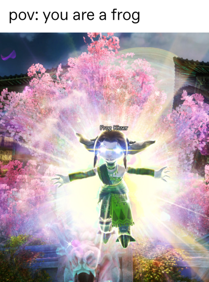"POV, you are a frog" says caption over image of Frog Kisser, the asura, descending gracefully from the heavens against a cherry tree in the background, enshrouded in a divine light with bright glimmering eyes.