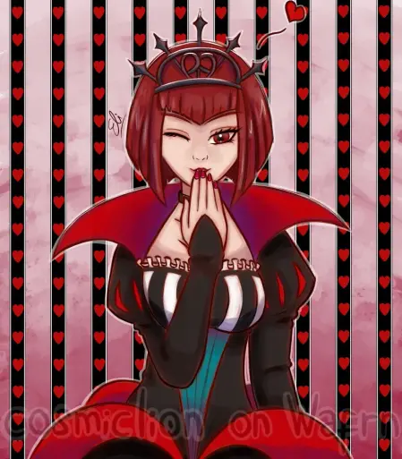Digital fully rendered illustration of Madam Red from Black Butler (in her Queen of Hearts form from the Ciel In Wonderland OVA), drawn from the hips up. She is winking and blowing a kiss at the viewer. The background is a pattern of vertical black stripes with white borders and red hearts and behind them a gradient from pale pink on the top to dark pink at the bottom.