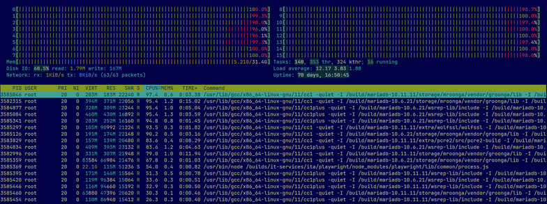 Screenshot von htop, das zeigt, wie MariaDB gebaut wird.