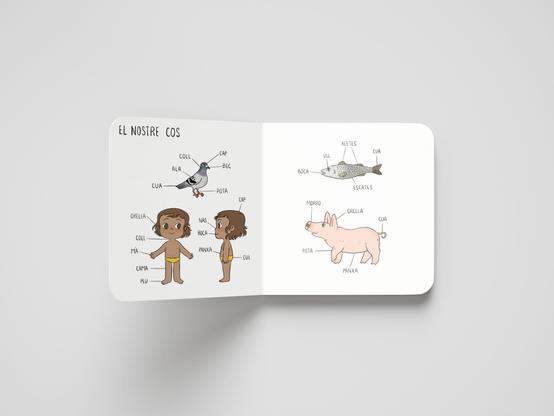 Foto del libro "Mi primer diccionario visual vegano", de Escoleta Vegana. El libro está abierto y se ven dos páginas tituladas "El nostre cos", es decir, Nuestro cuerpo. Aparecen dibujados una paloma, une niñe, un pez y un cerdo, y señaladas y nombradas las diferentes partes de sus cuerpos.