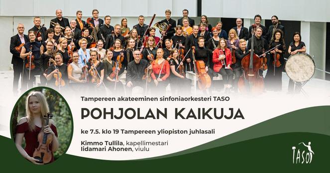 Event banner with a photo of our orchestra, an image of the violin soloist Iidamari Ahonen on the left, plus details of the Pohjolan Kaikuja (Echoes of the North) concert - Wednesday May 5th in the Tampere University Hall at 19:00. Kimmo Tullila, conductor; Tampere Academic Symphony Orchestra.