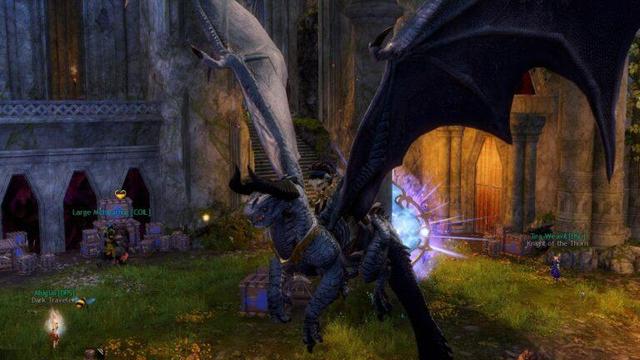 A fantasy scene featuring a character riding a large, winged dragon. The background includes ruins and crates, while several other characters are visible, engaging in various activities. The overall atmosphere suggests a vibrant multiplayer gaming environment.