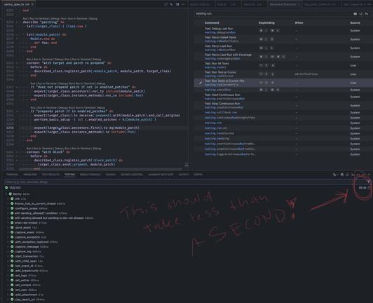 A screenshot from test results in VS Code using Ruby LSP extension showing that running all tests from sentry_spec.rb file takes 49s instead of less than a second.