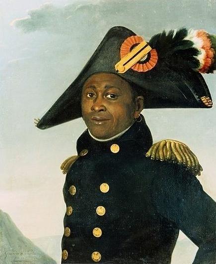 Painting of Toussaint in a double-breasted great coat, with brass buttons and epaulets, and a 3-cornered hat.