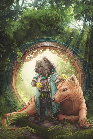 Hud Ulésse and Ëalcor from Relinquished Realms, Book 3 of the Noss Saga. An anthropomorphic elderly wombat caresses the ear of a giant thylacine, who is nearly as big as a horse and rests on the ground by her. The wombat is wearing a green robe, a conical hat, yellow gloves, and holds many gardening tools in her belly pouch. They wait in front of a decorative moon gate in a lush garden full of orchids and ferns.