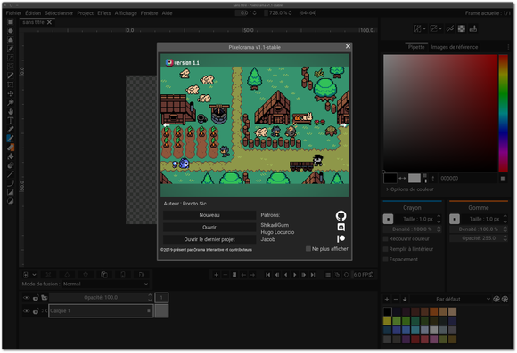 🕶️ A view of its user interface (v.1 . 1, on a dark theme, on my Linux PC) with, in the foreground, its new home interface featuring a few main buttons (New, Open, Open last project), a few links and a magnificent pixel art image, and in the background, on the main and central part, we can make out the drawing area with its checkerboard pattern, below, a layer system with the various layers making up the display, on the right, the color selection panel, and below that the 2 tools in use (pencil and eraser, associated with the left and right mouse buttons), on the left the icons of the available tools, and at the top the menus of the user interface and the tab in use.

📚️ Pixelorama is a libre, multiplatform pixel art drawing tool for sprite and tile creation and animation. It features dynamic (one-click) assignment of tools to mouse buttons, timeline animation, drawing during animation, predefined or custom palettes, an elaborate 2D/3D layer system with non-destructive modifications, a powerful drawing canvas with guides, tiles of various shapes (2D, 2.5D), automatic saving, import/export (PNG, sprite sheets, animated GIF & PNG), rotation and scaling algorithms, multiple effects, highly customizable interface, plug-in system, command-line automation.