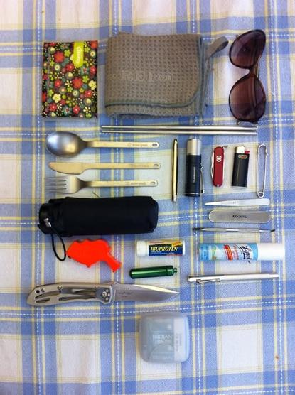 photograph of the aforementioned EDC items laid out on a plain tablecloth