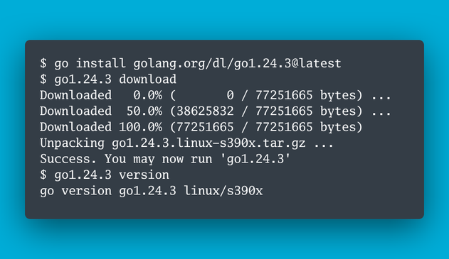 $ go install golang.org/dl/go1.24.3@latest
$ go1.24.3 download
Downloaded   0.0% (       0 / 77251665 bytes) ...
Downloaded  50.0% (38625832 / 77251665 bytes) ...
Downloaded 100.0% (77251665 / 77251665 bytes)
Unpacking go1.24.3.linux-s390x.tar.gz ...
Success. You may now run 'go1.24.3'
$ go1.24.3 version
go version go1.24.3 linux/s390x