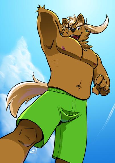 Digital drawing of my fursona at the beach, seen from under