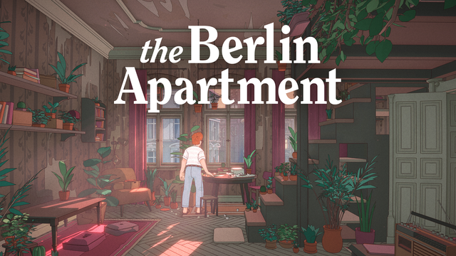 Główna grafika promująca grę The Berlin Apartment. W centralnej części obrazu znajduje się logo produkcji, a w tle widzimy młodego mężczyznę w mieszkaniu wypełnionym roślinami doniczkowymi.