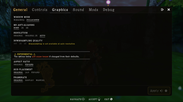 A screenshot from the portage's setting screen, where you can set some stuff like the window mode, anti-aliasing, rendering resolution, aspect ratio, HUD placement and the framerate. There's also options for the controls, sound, mods and debugging.