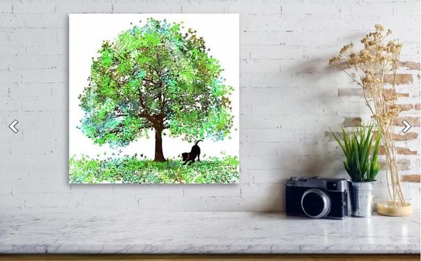 Green tree with a playful black labrador retriever underneath by artist Sharon Cummings.  Haiku in post.