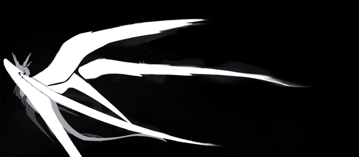 digital lineless drawing of two dragonlike characters on top of each other over a solid black background. the characters themselves take up a small space, with the character on top having massive wings that spread across the canvas. the light grey character on top is positioned so the white wings cover most of its body and the dark grey character underneath, leaving their pose/action ambiguous. their heads are nearly touching, as the character underneath seems to be leaning upwards.